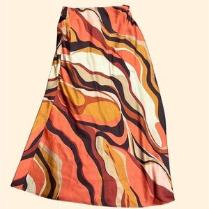 Orange and brown boho silk midi skirt